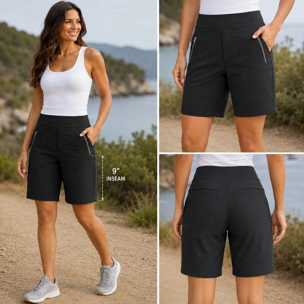 Athleta Black Ripstop Hiking Travel Shorts Womens 8 Zip Pocket Active Outdoor